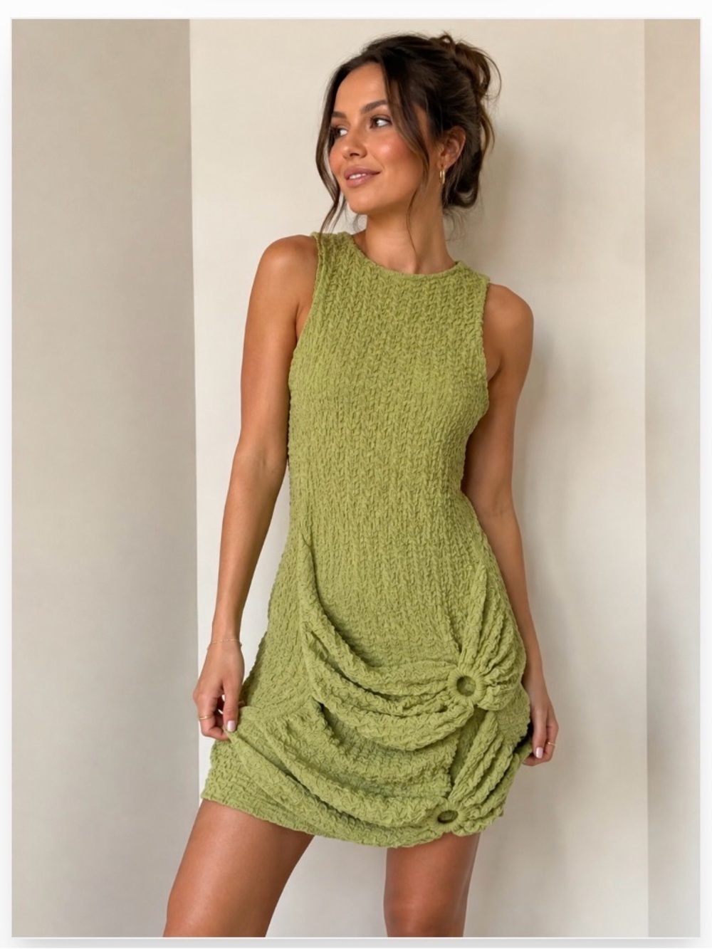 PrettyLittleThing Olive Green Textured Mini Dress with Side Ring Detail